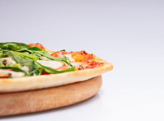 Close up Italian hot Pizza isolated on white background. Studio photo. Food concept.