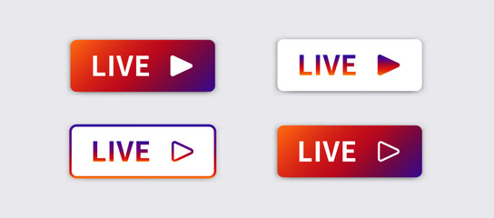 Live stream web buttons colorful gradient. Live button in flat and line style. Social media element. Live video button for social media and blogging. Vector illustration