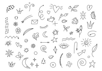 Modern abstract arrows, ribbons heart elements. Doodle decorative outline set of sketch cute arrows, flowers, direction. Vector illustration hand drawn style for concept design. 