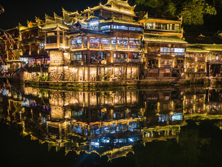 Fototapeta na wymiar Scenery view in the night of fenghuang old town .phoenix ancient town or Fenghuang County is a county of Hunan Province, China