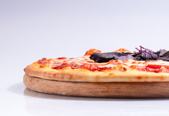 Close up Italian hot Pizza isolated on white background. Studio photo. Food concept.