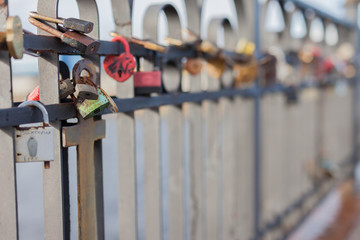 MURMANSK RUSSIA - 2014 SEPTEMBER 14. Love locks is typically the sweethearts names or initials inscribed on the padlock, and the key is thrown away.