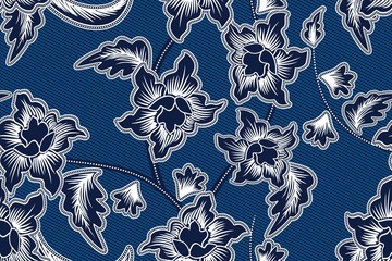 Seamless pattern with floral vector Illustration, Indonesian batik motif - obrazy, fototapety, plakaty