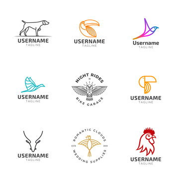 Collection of logo templates. Vector stylized animal, birds illustrations set, for tech, eco, nature, organic, outdoors brand.