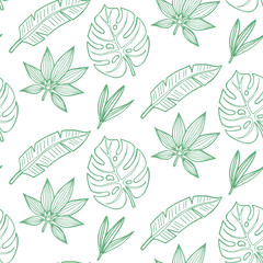 Hand drawn abstract seamless pattern with exotic tropical leaves. In doodle style, green outline isolated on a white background. Template for cards, fabric, wrapping paper. Vector illustration