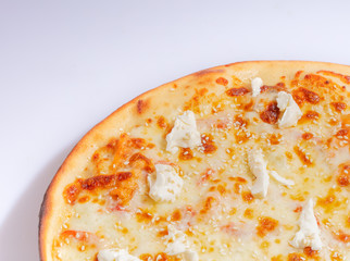 Close up Italian hot Pizza isolated on white background. Studio photo. Food concept.