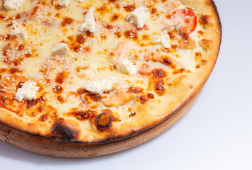 Close up Italian hot Pizza isolated on white background. Studio photo. Food concept.
