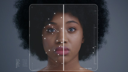 Future. Facial Scan. Face ID. Technological Biometric Facial Recognition. Futuristic Identification of Beautiful African Woman by 3D Facial Scanning System Isolated on Grey Background. Female Portrait