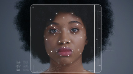 Face ID. 3D Face Detection. Facial Recognition System. Technological Scanning of Face of Beautiful Serious Afro-American Woman for Biometric Facial Recognition. Animation with Dots and Trackers on