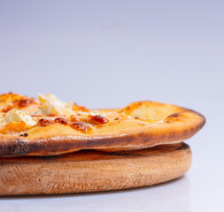 Close up Italian hot Pizza isolated on white background. Studio photo. Food concept.