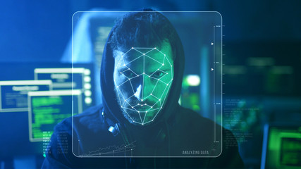 Face ID. Technology of Future. Personal Safety. Augmented Reality Technological Scanning of Male Face in Dark Room. Futuristic Biometric Identification of Malicious Hacker Committing Cybercrime in the