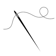 Drawn silhouette of a sewing needle with thread. Vector isolated illustration.