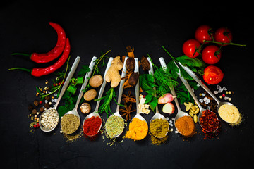 Selection of spices and herbs. Ingredients for cooking.