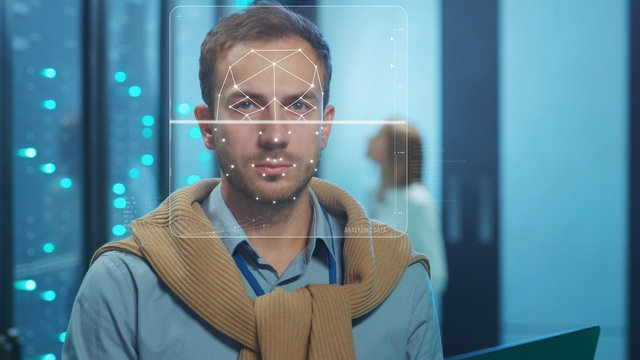Future. Face Detection. Face ID. Biometric 3D Data Identification of IT Server Engineer Working at Database Center. Technological Facial Recognition. Augmented Reality. Concept of Personal Safety and
