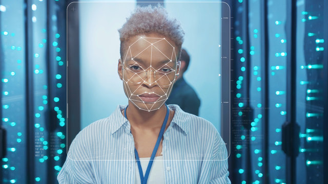 Face ID. Future Face Detection. Technological 3D Scanning of African Woman Server Specialist at Secure Data Center. Biometric Female Facial Recognition with Animation Trackers. Future and Personal