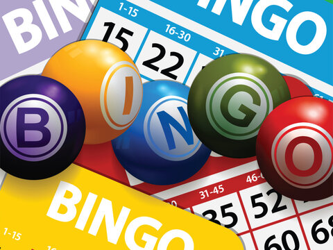 3D Bingo balls on bingo cards