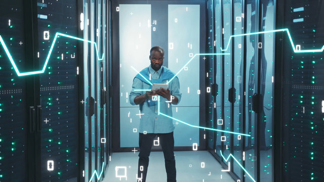 Data Center. Digitalization of Information. African Server Specialist with Digital Tablet Working in High Tech Data Center Server Room. 3D Looped Animation of Data Flow with Graphic Elements, Glowing