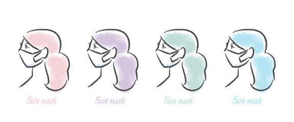 風邪・感染症予防・マスクイメージ素材：マスクを着けた横向きの女性のシンプルなイラスト