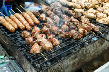 Barbecue roasted meat kebab hot grill, good snack outdoor picnic