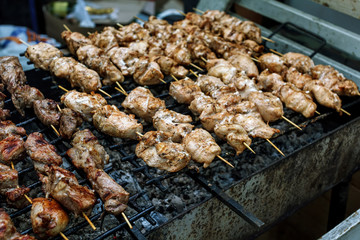 Barbecue roasted meat kebab hot grill, good snack outdoor picnic