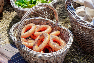 Wicker basket with bread rolls