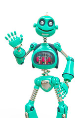 vintage robot cartoon saying hello in white background