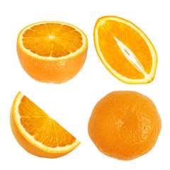 Set of sweet juicy orange fruit whole, half and slice for design isolated on white background