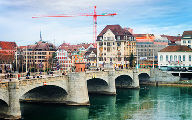 Basel, Switzerland - January 3, 2014: Waterfront of Central Rhine Bridge in Old City of Basel....