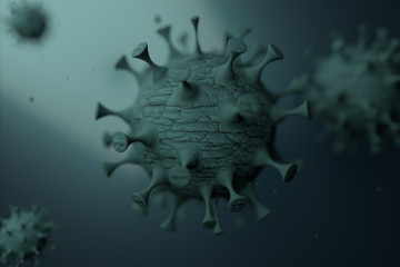  Coronavirus or Virus group of blue cells through a Microscopic view floating in fluid 3D illustration
