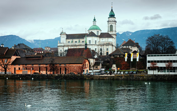 Solothurn, Switzerland - January 3, 2014: Waterfrontof Saint Ursus Cathedral in Solothurn. Solothurn is the capital of Solothurn canton, Switzerland.