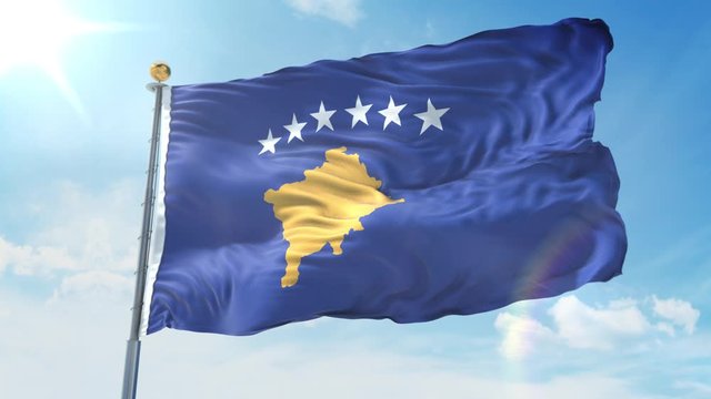 Kosovo flag waving in the wind against deep blue sky. National theme, international concept. 3D Render Seamless Loop 4K