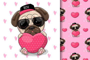 Cute cartoon Pug Dog with heart. Can be used for kids/babies shirt design, fashion print design,t-shirt, kids wear,textile design,celebration card/ greeting card, vector
