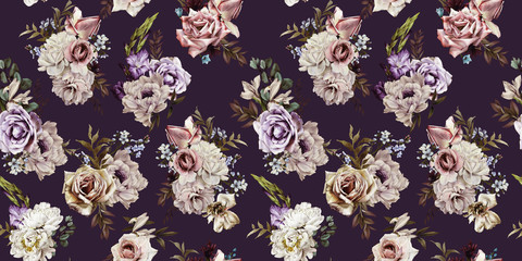 Kwiatowy wzór z kwiatami na ciemnym tle, akwarela. Projekt szablonu dla tekstyliów, wnętrz, ubrań, tapet. Sztuka botaniczna