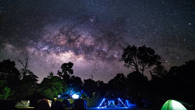 Time-lapse Camping group under the amazing milky way on sky. Travel outdoor activity concept. Tilt up..