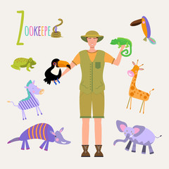 Colorful book alphabet.Book of professions. Profession Zookeeper. Letter Z