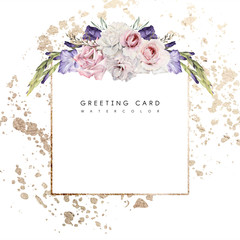 Greeting card with flowers, watercolor, can be used as invitation card for wedding, birthday and other holiday and  summer background.