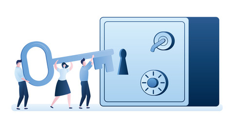 Metal deposit safe with key hole and business people holding big key. Successful business concept background.