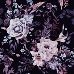Fototapete Vintage Blumen Nahtloses Blumenmuster mit Blumen auf dunklem Hintergrund, Aquarell. Vorlagendesign für Textilien, Interieur, Kleidung, Tapeten. Botanische Kunst