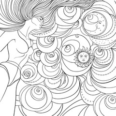 Young girl with long wavy hair standing over cloud background. Magic nymph, mysterious character from fairy tales. Isolated vector illustration. Coloring book.