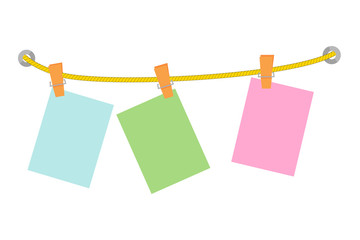 Vector Clipped Blue Green and Pink Blank Message note, at Yellow Rope, Isolated on White