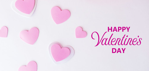 Happy Valentines day banner greeting with pink hearts, isolated on white background.