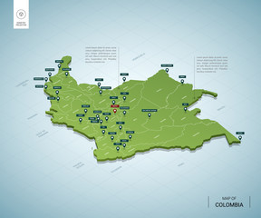 Stylized map of Colombia. Isometric 3D green map with cities, borders, capital Bogota, regions. Vector illustration. Editable layers clearly labeled. English language.
