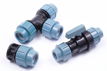 Irrigation system. Ball valve, tee and plug for drip irrigation