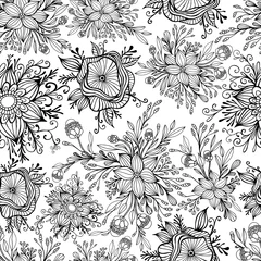 Fotobehang Black and white fantasy flowers seamless pattern. Doodle style. Elegant texture with flowers. © Olga