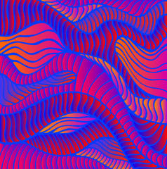 Bright psychedelic  art waves decorative texture.Hippie abstract trippy pattern, maze of ornaments wavy, electric blue color outline