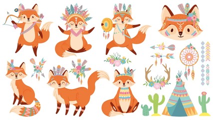 Tribal fox. Cute foxes, indian feather warbonnet and wild animal cartoon vector illustration set. Funny happy character and traditional native American items - tipi, dreamcatcher, bow and arrows. - obrazy, fototapety, plakaty