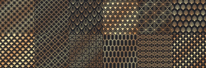 Golden art deco seamless patterns. Luxury decorative geometrical ornaments, gold geometric shapes and vintage pattern vector set. Bundle of elegant retro textures with circles, squares, leafs, waves.