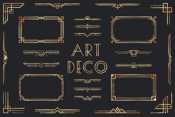 Golden art deco elements. Ornamental frame, retro 1920s divider border and decorative gold corner vector set. Collection of fancy luxury metallic decorations, geometric ornaments in vintage style. © Tartila