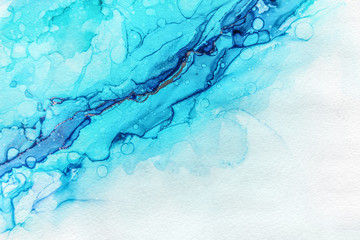 Alkohol Ink Wallpaper Background. Colorful Liquid Painting Texture with Blue Colors. 