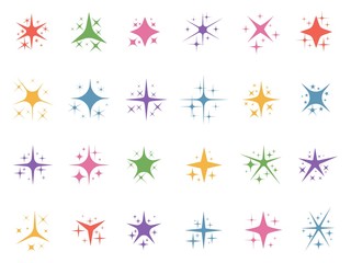 Colorful sparkle stars. Glitter lights, color sparks and shiny star light elements vector set. Collection of shimmering or twinkling flashes. Magic outburst decorative design elements in flat style.